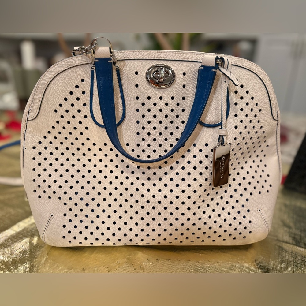 Coach White and Blue Perforated Satchel